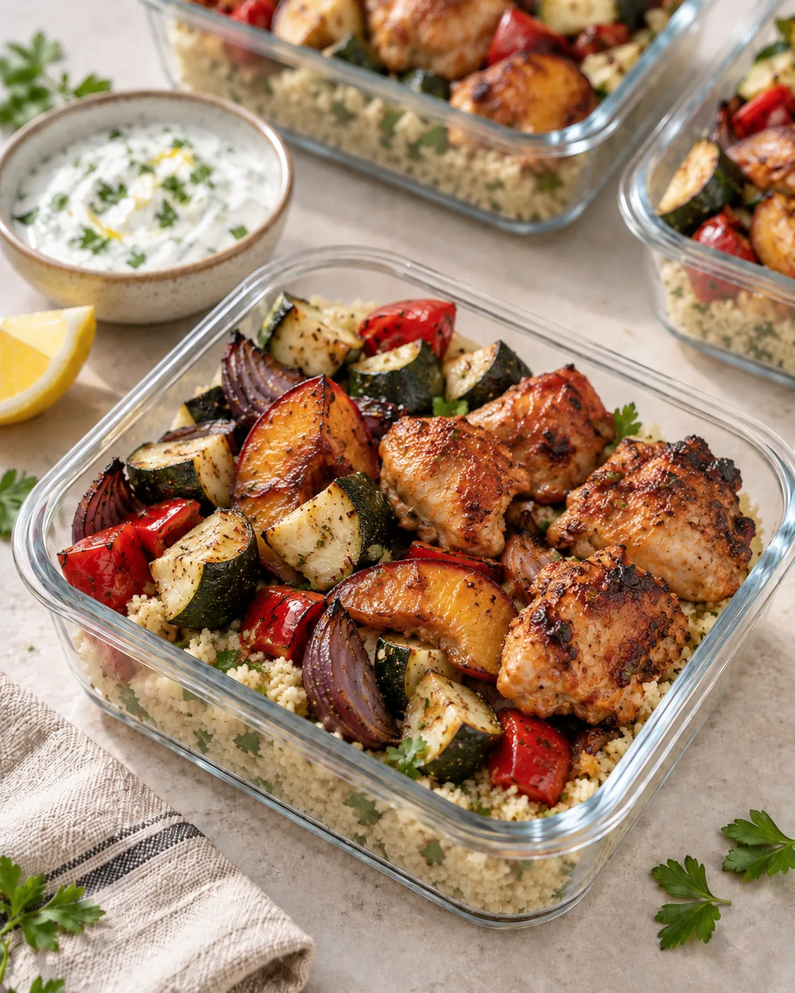Pui cu harissa, piersici și legume, bulgur cu ierburi aromatice